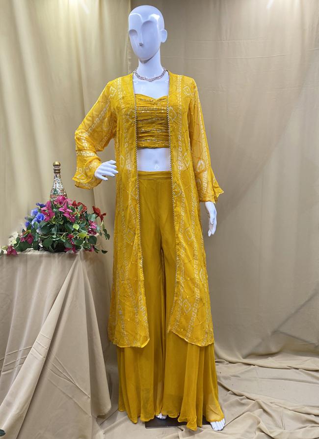 Georgette Mustard Party Wear Hand Work Readymade Indo Western